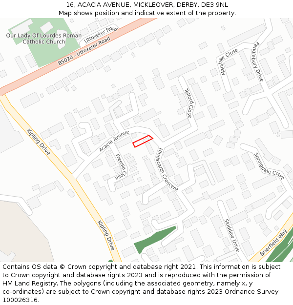 16, ACACIA AVENUE, MICKLEOVER, DERBY, DE3 9NL: Location map and indicative extent of plot