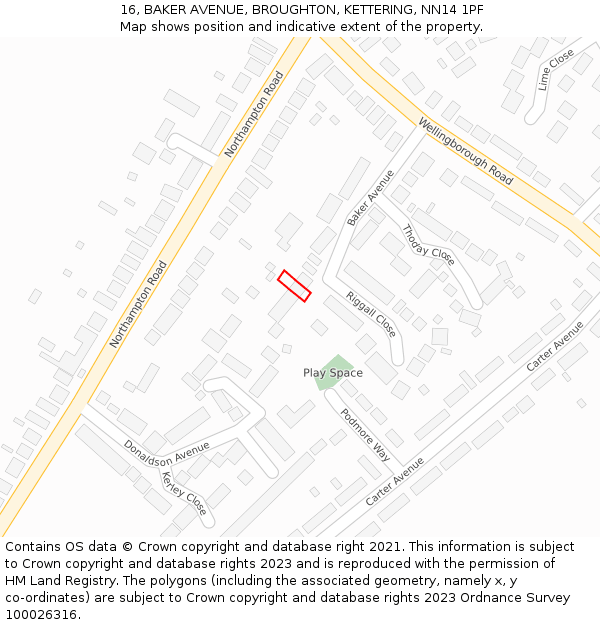 16, BAKER AVENUE, BROUGHTON, KETTERING, NN14 1PF: Location map and indicative extent of plot