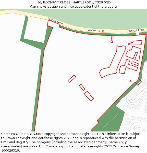 16, BODNANT CLOSE, HARTLEPOOL, TS26 0GD: Location map and indicative extent of plot