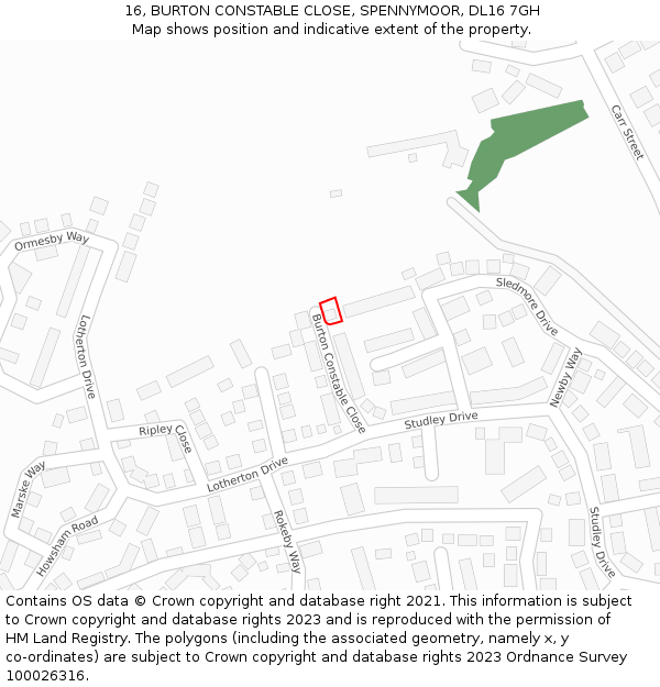 16, BURTON CONSTABLE CLOSE, SPENNYMOOR, DL16 7GH: Location map and indicative extent of plot