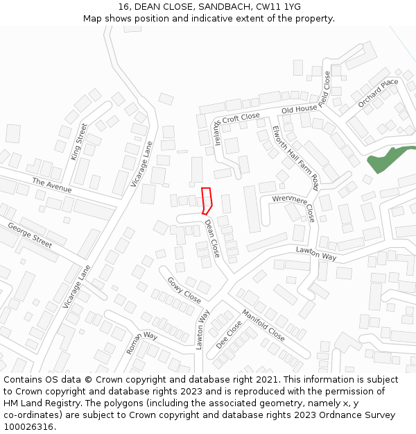 16, DEAN CLOSE, SANDBACH, CW11 1YG: Location map and indicative extent of plot