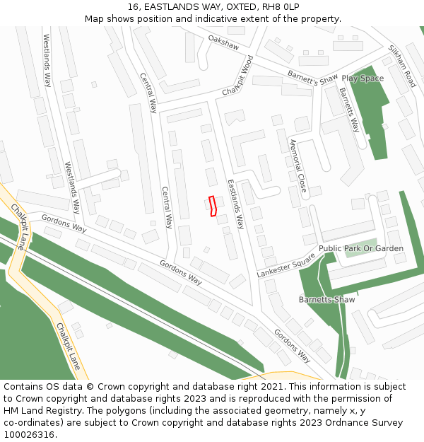 16, EASTLANDS WAY, OXTED, RH8 0LP: Location map and indicative extent of plot