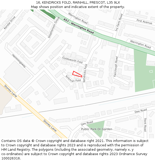 16, KENDRICKS FOLD, RAINHILL, PRESCOT, L35 9LX: Location map and indicative extent of plot