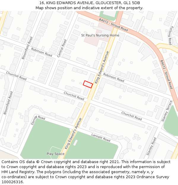 16, KING EDWARDS AVENUE, GLOUCESTER, GL1 5DB: Location map and indicative extent of plot