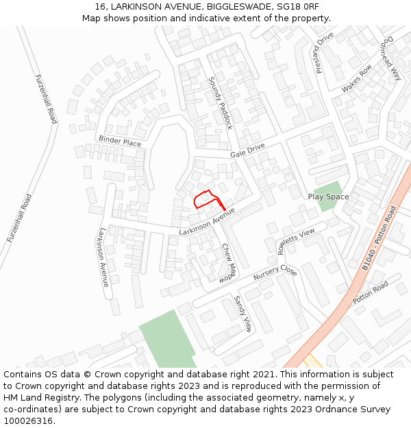 16, LARKINSON AVENUE, BIGGLESWADE, SG18 0RF: Location map and indicative extent of plot