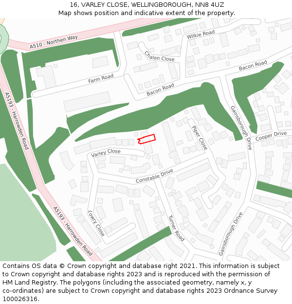 16, VARLEY CLOSE, WELLINGBOROUGH, NN8 4UZ: Location map and indicative extent of plot