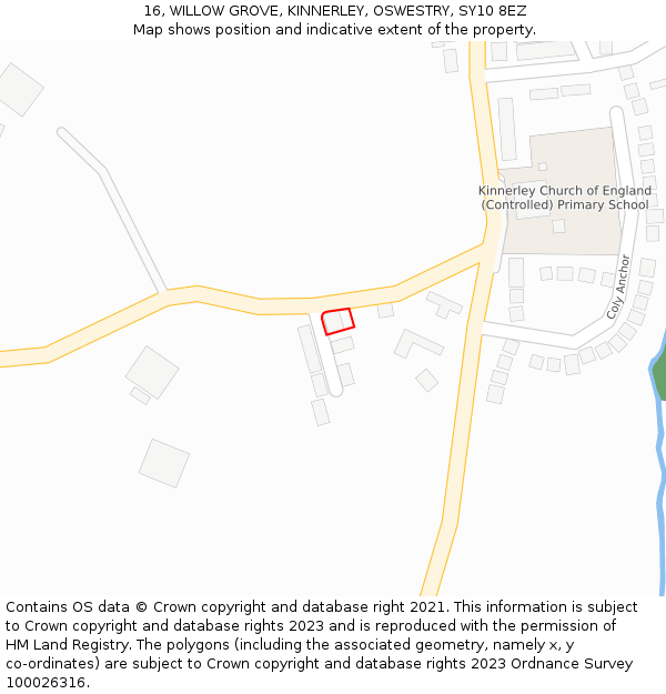 16, WILLOW GROVE, KINNERLEY, OSWESTRY, SY10 8EZ: Location map and indicative extent of plot