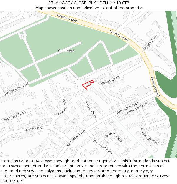 17, ALNWICK CLOSE, RUSHDEN, NN10 0TB: Location map and indicative extent of plot