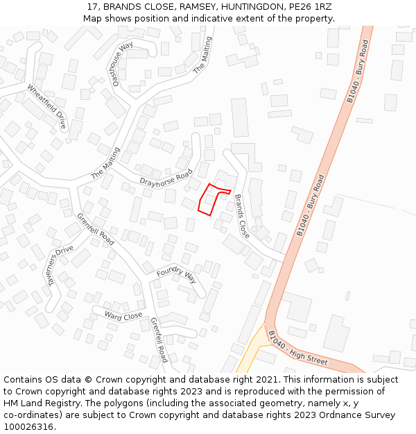 17, BRANDS CLOSE, RAMSEY, HUNTINGDON, PE26 1RZ: Location map and indicative extent of plot