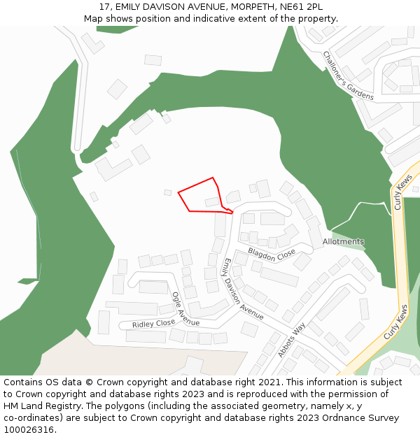 17, EMILY DAVISON AVENUE, MORPETH, NE61 2PL: Location map and indicative extent of plot