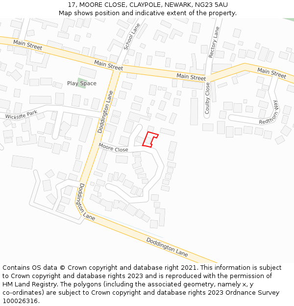 17, MOORE CLOSE, CLAYPOLE, NEWARK, NG23 5AU: Location map and indicative extent of plot