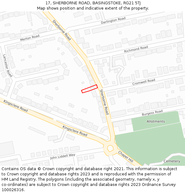 17, SHERBORNE ROAD, BASINGSTOKE, RG21 5TJ: Location map and indicative extent of plot