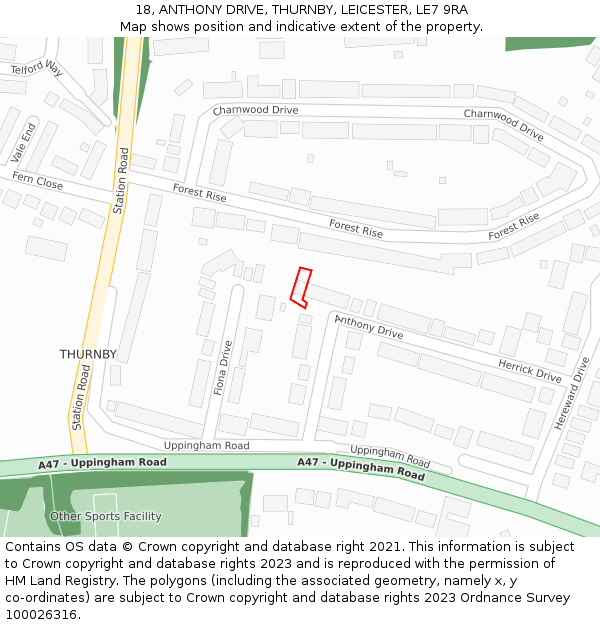 18, ANTHONY DRIVE, THURNBY, LEICESTER, LE7 9RA: Location map and indicative extent of plot