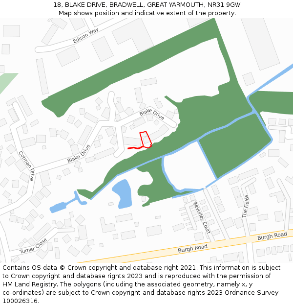 18, BLAKE DRIVE, BRADWELL, GREAT YARMOUTH, NR31 9GW: Location map and indicative extent of plot