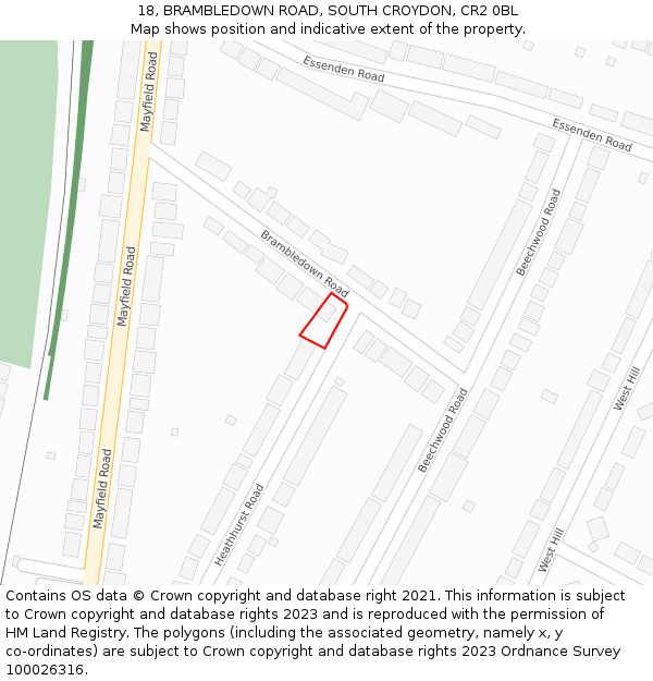 18, BRAMBLEDOWN ROAD, SOUTH CROYDON, CR2 0BL: Location map and indicative extent of plot