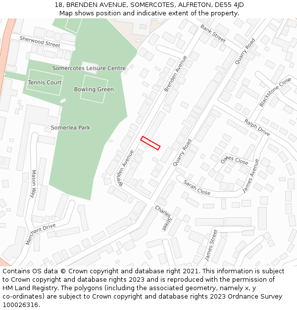 18, BRENDEN AVENUE, SOMERCOTES, ALFRETON, DE55 4JD: Location map and indicative extent of plot