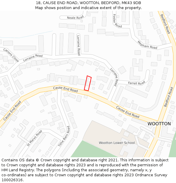 18, CAUSE END ROAD, WOOTTON, BEDFORD, MK43 9DB: Location map and indicative extent of plot