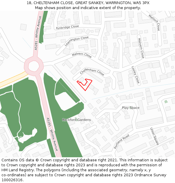 18, CHELTENHAM CLOSE, GREAT SANKEY, WARRINGTON, WA5 3PX: Location map and indicative extent of plot