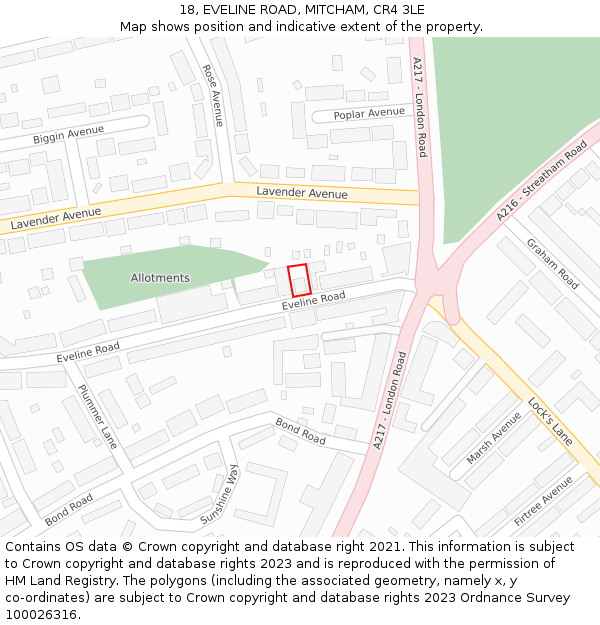 18, EVELINE ROAD, MITCHAM, CR4 3LE: Location map and indicative extent of plot