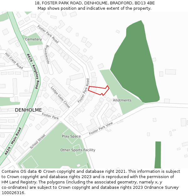 18, FOSTER PARK ROAD, DENHOLME, BRADFORD, BD13 4BE: Location map and indicative extent of plot