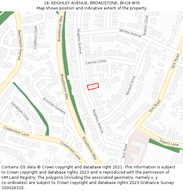 18, KEIGHLEY AVENUE, BROADSTONE, BH18 8HS: Location map and indicative extent of plot