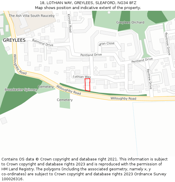 18, LOTHIAN WAY, GREYLEES, SLEAFORD, NG34 8FZ: Location map and indicative extent of plot