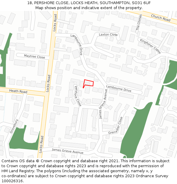 18, PERSHORE CLOSE, LOCKS HEATH, SOUTHAMPTON, SO31 6UF: Location map and indicative extent of plot