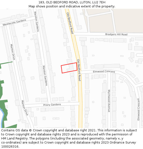 183, OLD BEDFORD ROAD, LUTON, LU2 7EH: Location map and indicative extent of plot