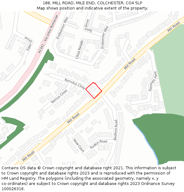 188, MILL ROAD, MILE END, COLCHESTER, CO4 5LP: Location map and indicative extent of plot