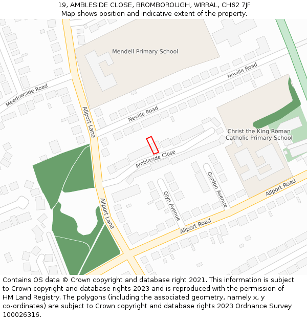 19, AMBLESIDE CLOSE, BROMBOROUGH, WIRRAL, CH62 7JF: Location map and indicative extent of plot