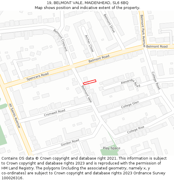 19, BELMONT VALE, MAIDENHEAD, SL6 6BQ: Location map and indicative extent of plot