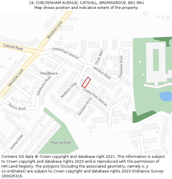 19, CHELTENHAM AVENUE, CATSHILL, BROMSGROVE, B61 0RU: Location map and indicative extent of plot