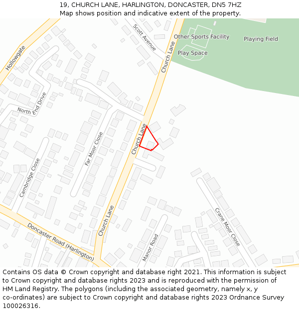 19, CHURCH LANE, HARLINGTON, DONCASTER, DN5 7HZ: Location map and indicative extent of plot