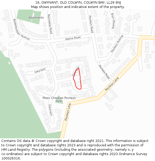 19, GWYNANT, OLD COLWYN, COLWYN BAY, LL29 9NJ: Location map and indicative extent of plot