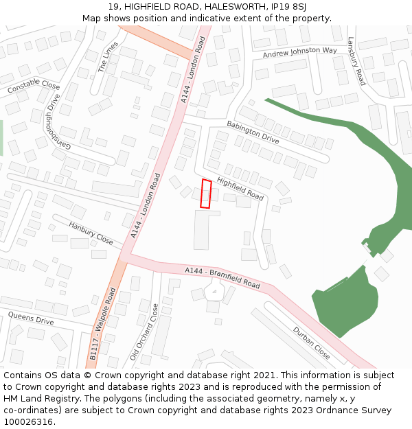 19, HIGHFIELD ROAD, HALESWORTH, IP19 8SJ: Location map and indicative extent of plot