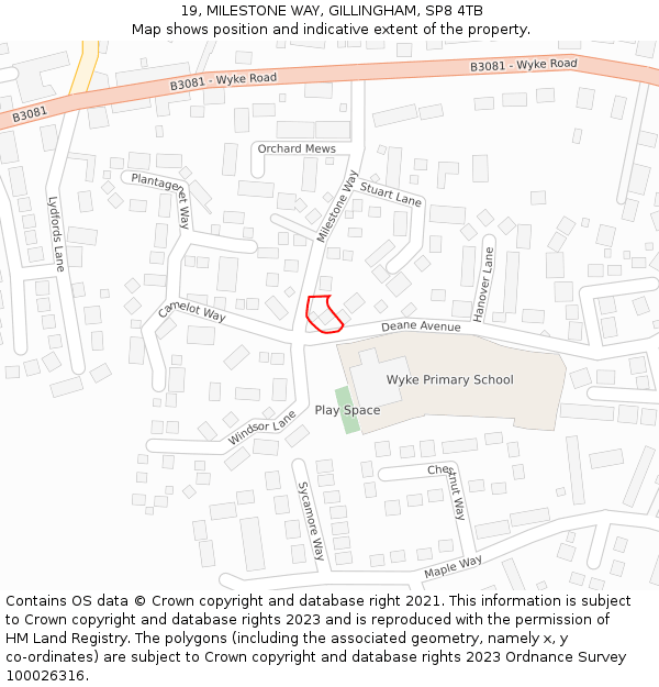 19, MILESTONE WAY, GILLINGHAM, SP8 4TB: Location map and indicative extent of plot