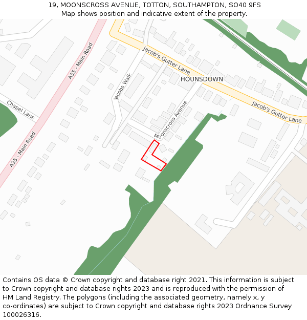 19, MOONSCROSS AVENUE, TOTTON, SOUTHAMPTON, SO40 9FS: Location map and indicative extent of plot