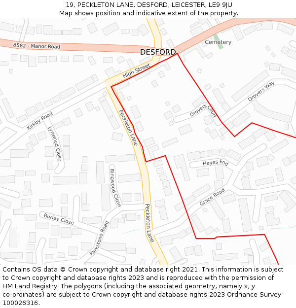 19, PECKLETON LANE, DESFORD, LEICESTER, LE9 9JU: Location map and indicative extent of plot