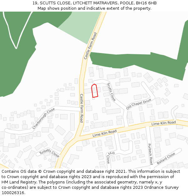 19, SCUTTS CLOSE, LYTCHETT MATRAVERS, POOLE, BH16 6HB: Location map and indicative extent of plot