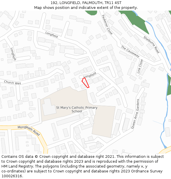 192, LONGFIELD, FALMOUTH, TR11 4ST: Location map and indicative extent of plot