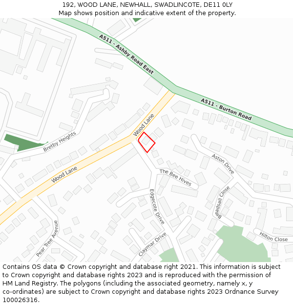 192, WOOD LANE, NEWHALL, SWADLINCOTE, DE11 0LY: Location map and indicative extent of plot