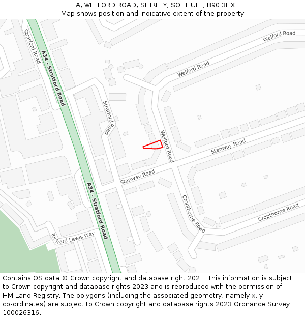 1A, WELFORD ROAD, SHIRLEY, SOLIHULL, B90 3HX: Location map and indicative extent of plot