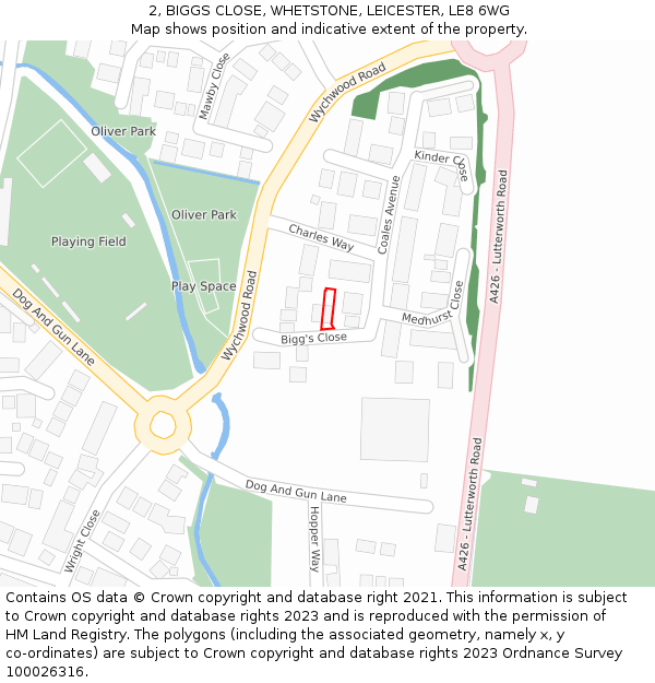 2, BIGGS CLOSE, WHETSTONE, LEICESTER, LE8 6WG: Location map and indicative extent of plot