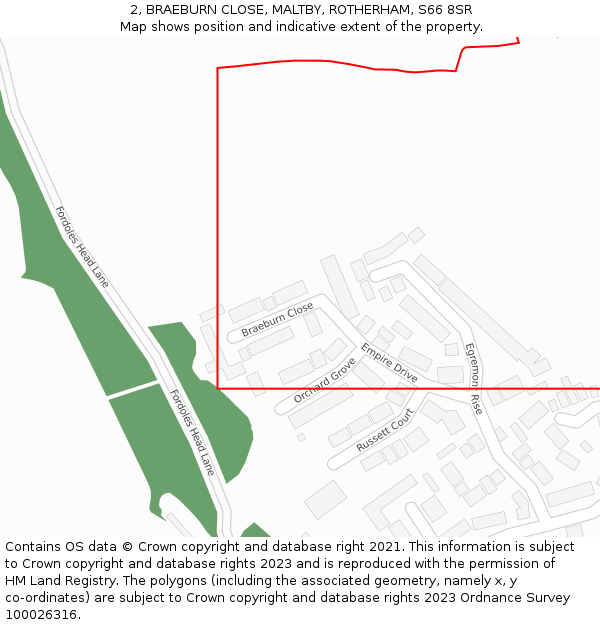 2, BRAEBURN CLOSE, MALTBY, ROTHERHAM, S66 8SR: Location map and indicative extent of plot