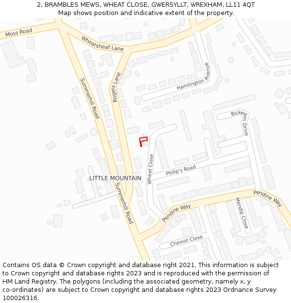 2, BRAMBLES MEWS, WHEAT CLOSE, GWERSYLLT, WREXHAM, LL11 4QT: Location map and indicative extent of plot