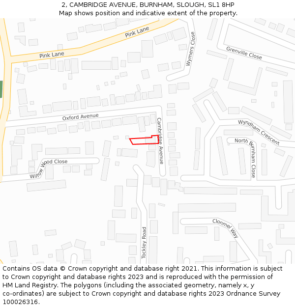 2, CAMBRIDGE AVENUE, BURNHAM, SLOUGH, SL1 8HP: Location map and indicative extent of plot