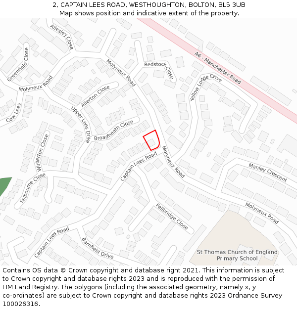 2, CAPTAIN LEES ROAD, WESTHOUGHTON, BOLTON, BL5 3UB: Location map and indicative extent of plot