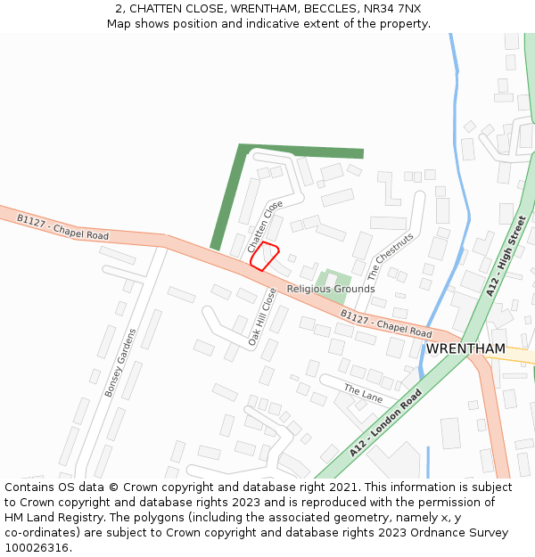 2, CHATTEN CLOSE, WRENTHAM, BECCLES, NR34 7NX: Location map and indicative extent of plot