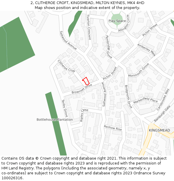 2, CLITHEROE CROFT, KINGSMEAD, MILTON KEYNES, MK4 4HD: Location map and indicative extent of plot