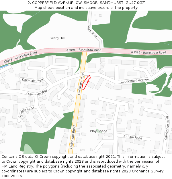 2, COPPERFIELD AVENUE, OWLSMOOR, SANDHURST, GU47 0GZ: Location map and indicative extent of plot